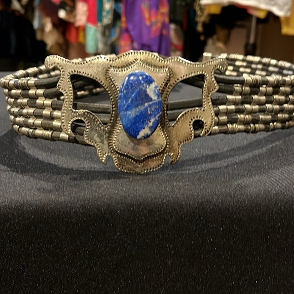 Vintage A.C. Gypsy lapis with corded silver tone beaded statement belt - Picture 3 of 15